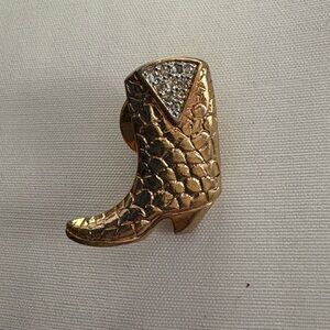 Vintage 80s Panetta Cowboy Boot Pin Gold Tone Crystal Tie Tack Jewelry Western